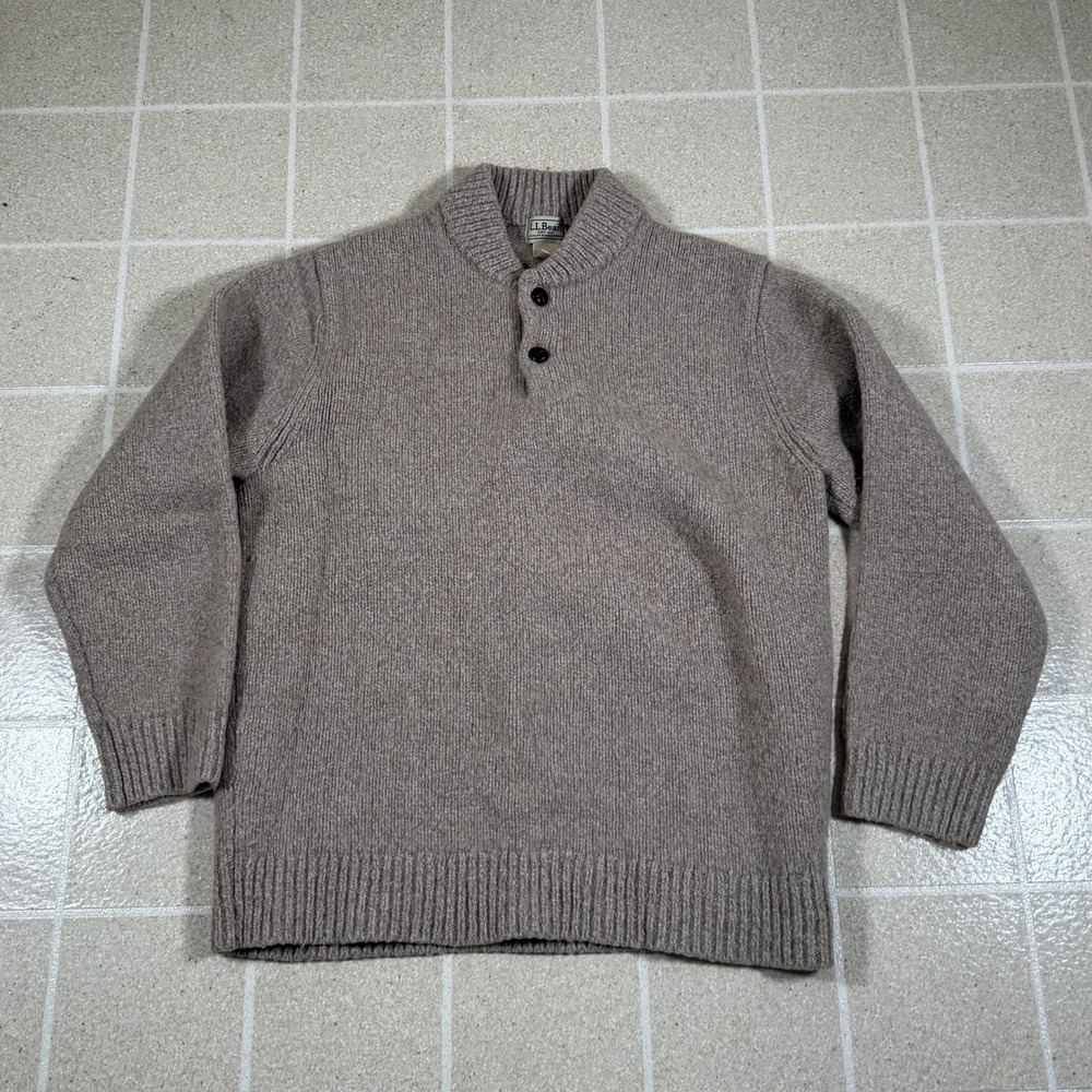 L.L. Bean Lambs Wool Ragg Henley Sweater Size Large Beige Oatmeal Fishermans